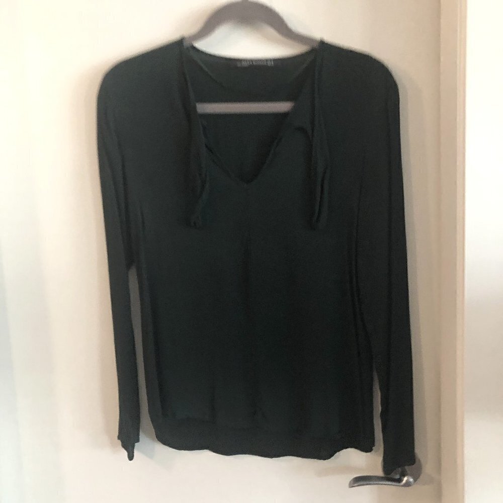 𝅺zara Dark Green Keyhole Tie Neck Long Sleeve Blouse